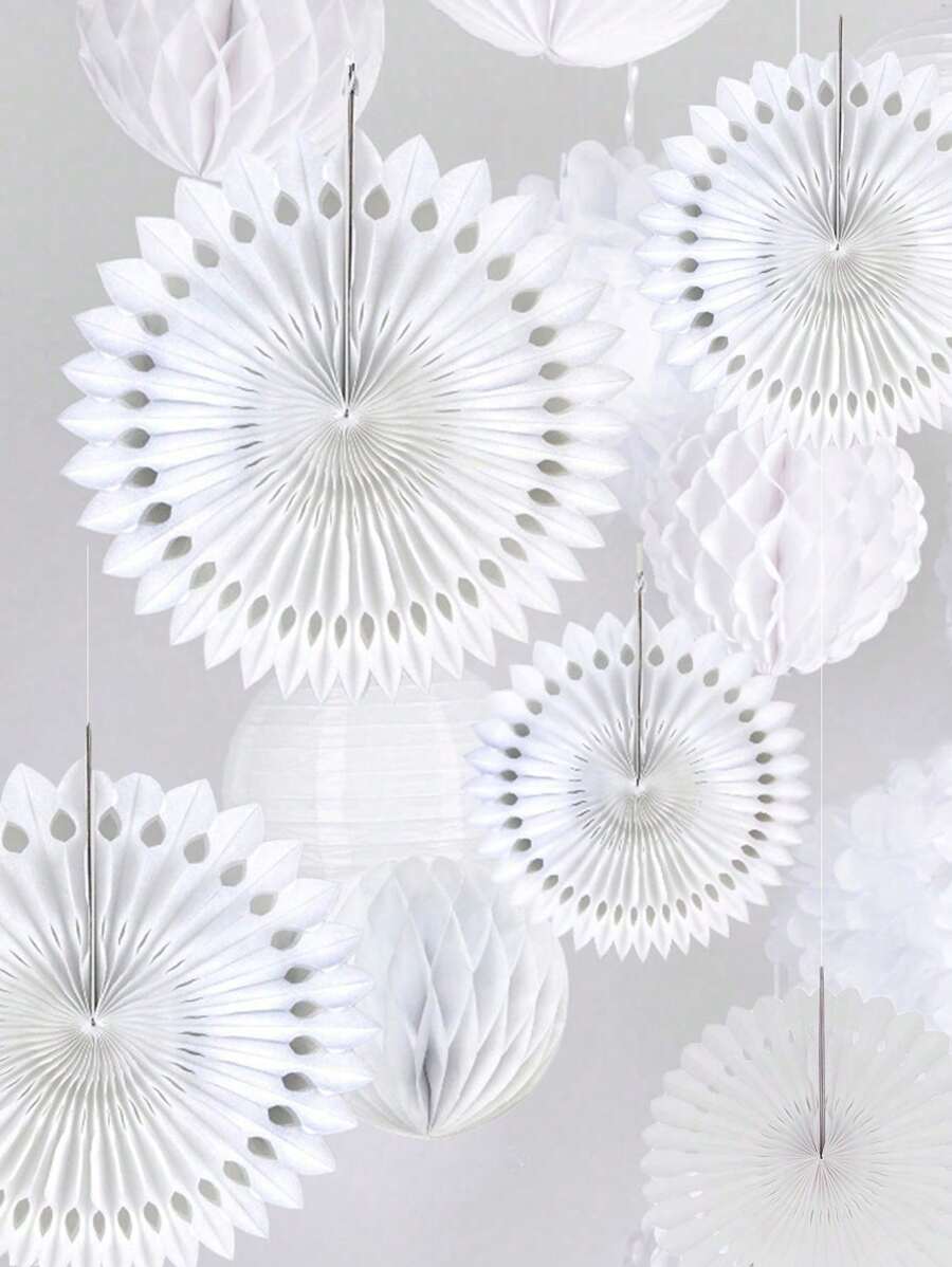 3pcs/6pcs White & Blue Hollow Paper Fan Decoration, Wedding Party Ceremony Decor, Holiday Party Supplies For Christmas, Valentine's Day, Halloween