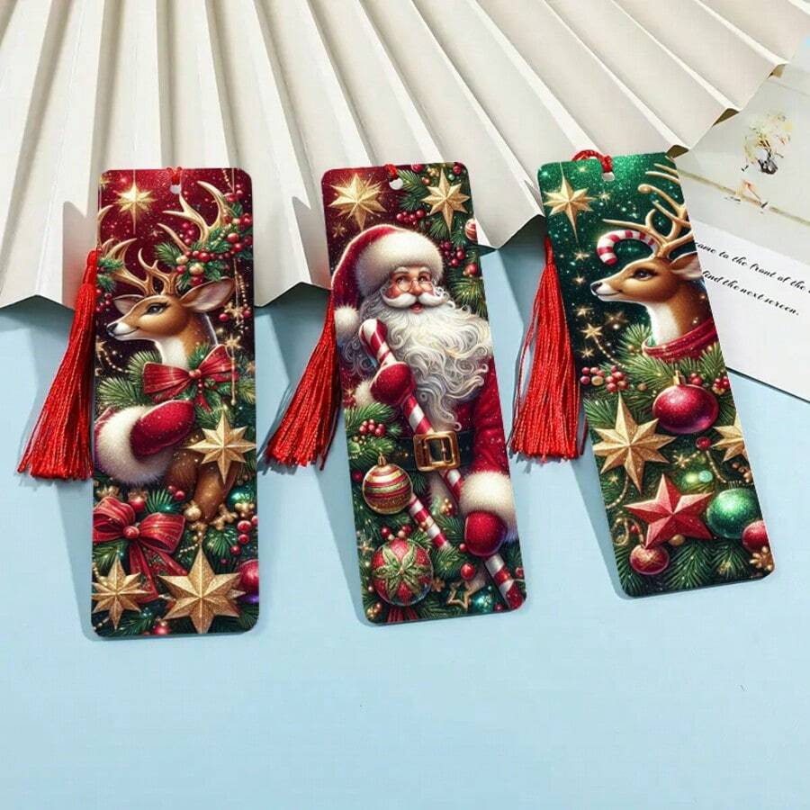 3pcs/Set Santa Claus & Reindeer Elegant Bookmarks Decor With Random Tassel, Crafts Creative Set, Perfect Gift For Readers, Colleagues, Friends And Family,School Supplies,Back To School