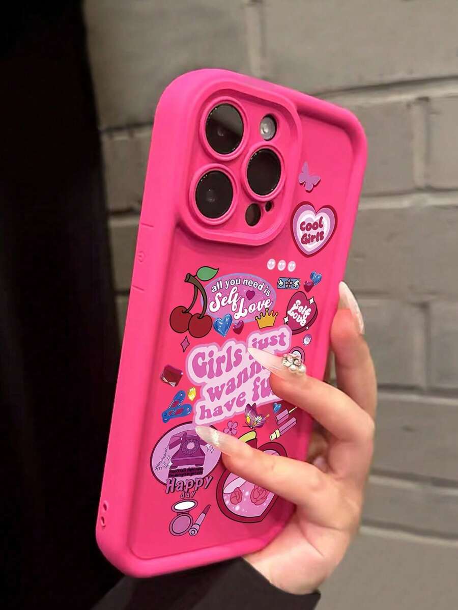 Funda de teléfono con corazón, cereza, lápiz labial y mariposa, de estilo femenino y energético, compatible con iPhone 13, 14, 15, 16, 16 Pro Max, 16 Plus, color rosa fuschia