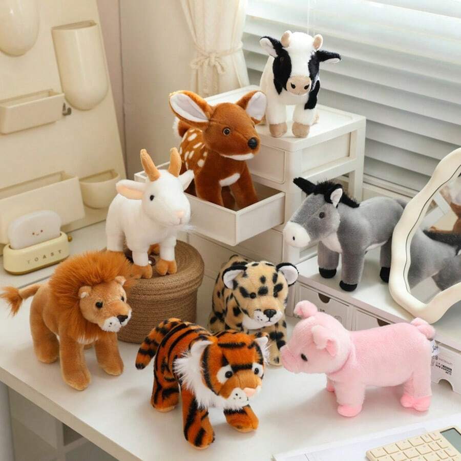 20cm/7,87 pollici Piccolo peluche morbido di animali della giungla, leone, tigre, cervo, leopardo, maiale rosa, asino, peluche di animali selvatici, giocattolo perfetto per compleanno, Capodanno o San Valentino per bambini - Forniture per decorazione di Ognissanti da giardino con animali selvatici