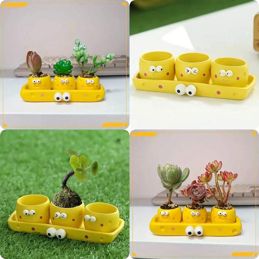 4pcs - Cartoon Cheese Thumb Flower Pot Outdoor Statues, Succulent Mini Creative Planter, Cute Cheese Shape Planter 3pcs Set + 1pc Tray