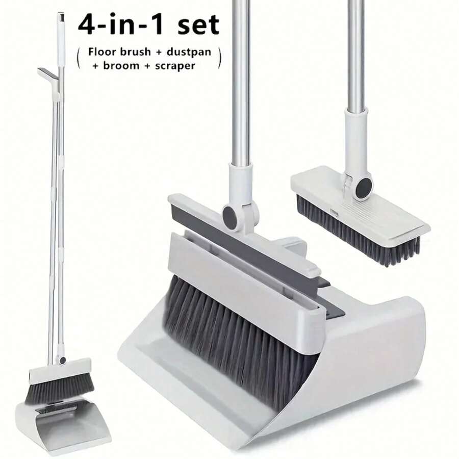 New 4 In 1 Broom Combo Set With Dustpan Squeegee Floor Brush Multi Purpose Cleaning Tool For Home And Commercial Use