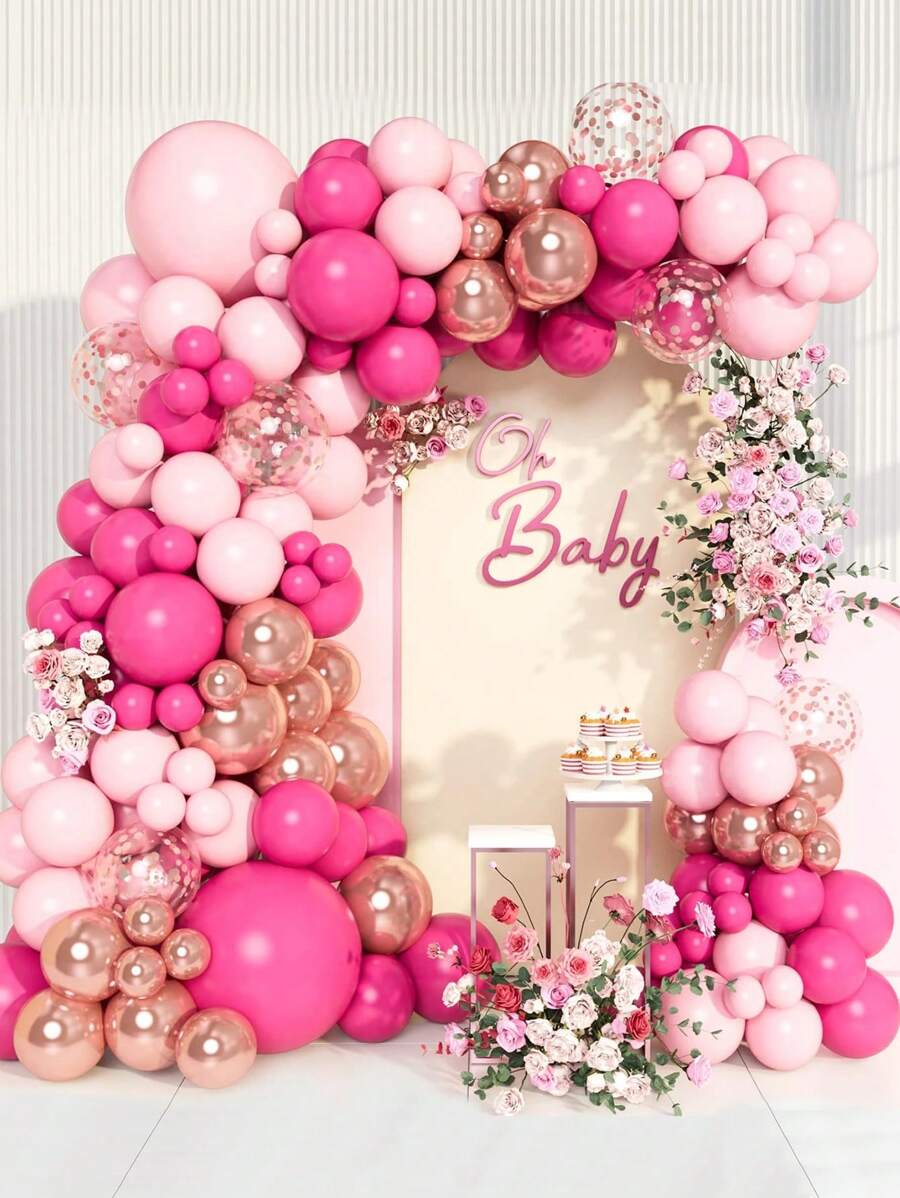 97pcs Rose Red, Pink & Gold Confetti Latex Balloons, Perfect For 1st Birthday Decoration, Gender Reveal, Baby Shower, Party Decoration, Anniversary Wedding Bride Gift, Home Decor, Wall Photo Backdrop, Decorative Balloon Garland Arch Kit
