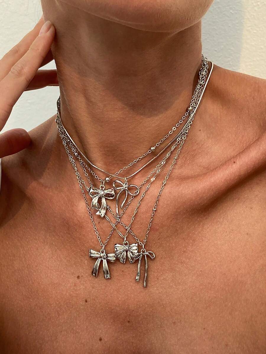 5pcs/Set Vintage Elegant Metal Heart & Bow Pendant Necklace Set, Layered Butterfly Choker Necklaces For Women, Suitable For Daily, Party, Formal Occasions, Fashion Outfits Decoration, And As Gifts For Friends And Mothers
