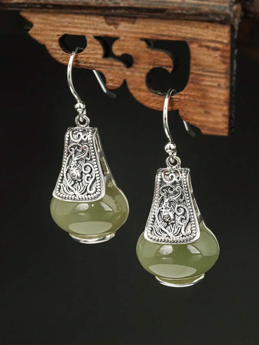 1 pieza Pendientes retro de estilo chino nuevo con carpa y jade similar, pendientes de lujo exóticos adecuados para fiestas de mujeres y regalos de vacaciones