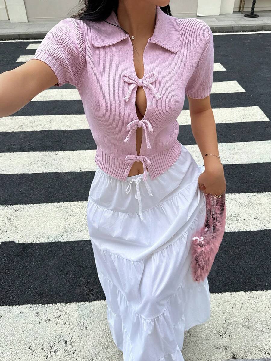 DEEKA Nouvelle arrivée printemps été Top tricoté femme chic décontracté minimaliste avec décoration de nœud