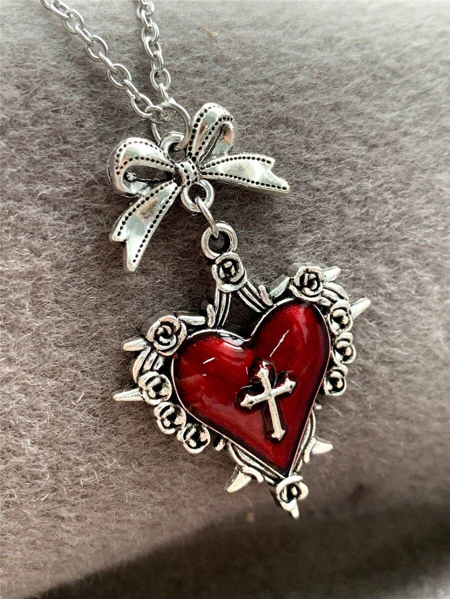 1 pieza Collar de cadena de acero inoxidable estilo retro único para mujer con colgante de corazón, moño y cruz en rojo y negro de estilo gótico oscuro y punk