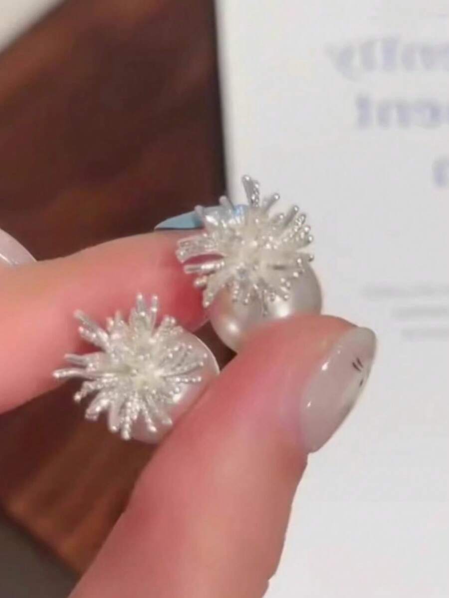 2 Pairs French Luxury Micro-Inlaid Zirconia Firework & Pearl S925 Silver Needle Stud Earrings, Versatile Earring Set For Women