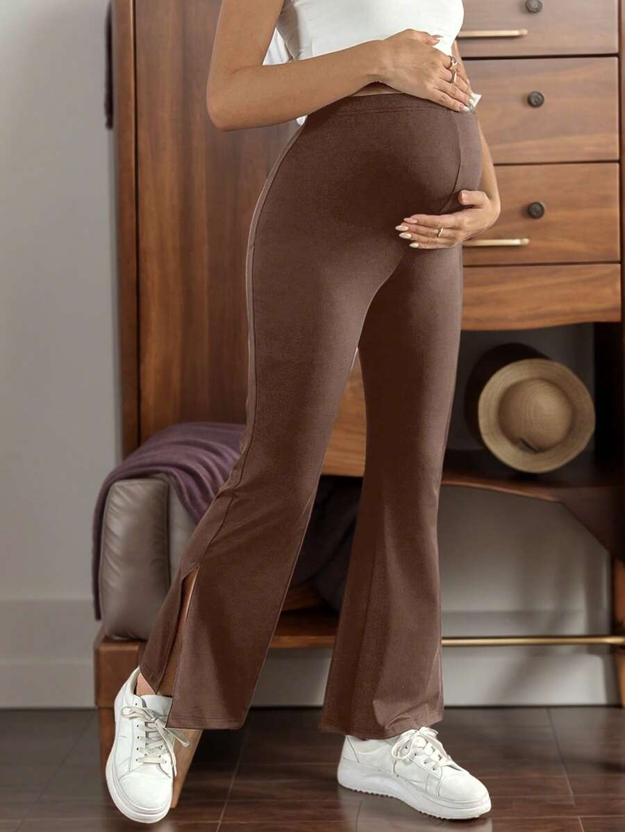 Maternity Solid Color Adjustable Waist Split Hem Fashion Casual Pants Sportswear Bottom