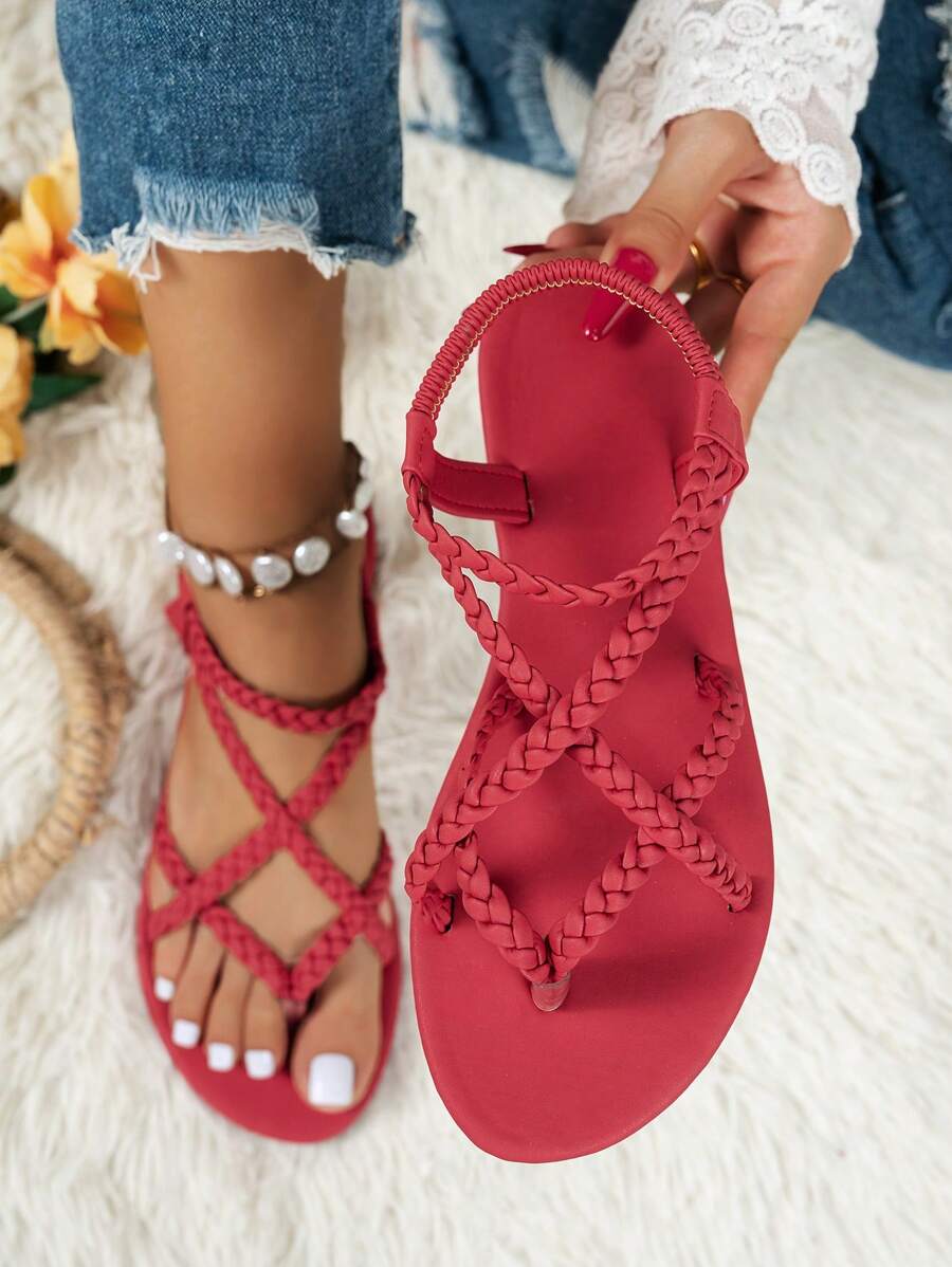 Women's Flat Sandals, New Material, Solid Color Criss-Cross Elastic Strap Non-Slip Casual Summer Beach Sandals