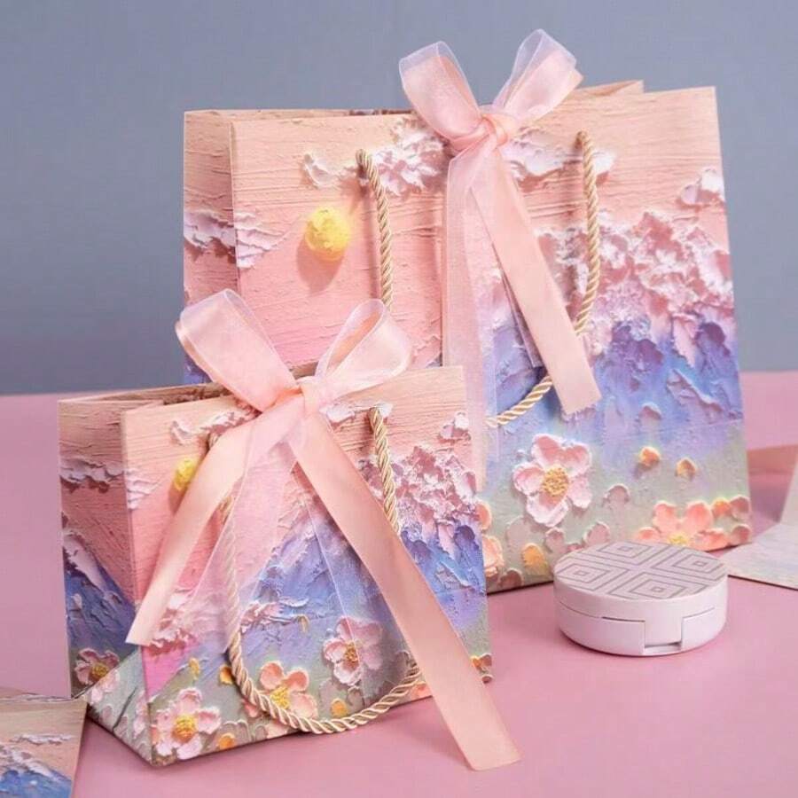 2 pezzi/4 pezzi Borse regalo in carta con pittura ad olio 3D e nastro, borse regalo portatili in carta con corda, stile crema con montagna e petali, borse regalo per compleanni, matrimoni e feste, in varie misure.