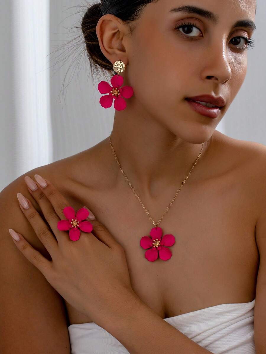 4pcs Set Elegant Chic Embossed Floral Alloy Jewelry Set Including Necklace, Ring, Earrings, Fashion, Versatile, Suitable For Parties, Traveling, Daily Wear, Holidays, Gift