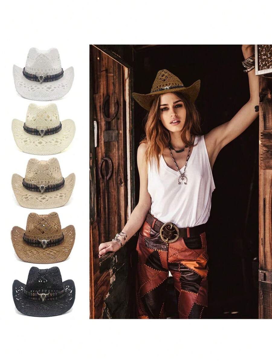 1 Stück Damen bunte Rinderkopf Kontrast-Farbgeflecht Strohhut, handgefertigter perlenbestickter Cut Out Retro Street Style britischer Jazz Panama Boho Sonnenhut, geeignet für Reisen, Wandern, Reiten, Dschungel, Strand, Golf, Spazierengehen, Dates, Kostümpartys, täglichen Gebrauch