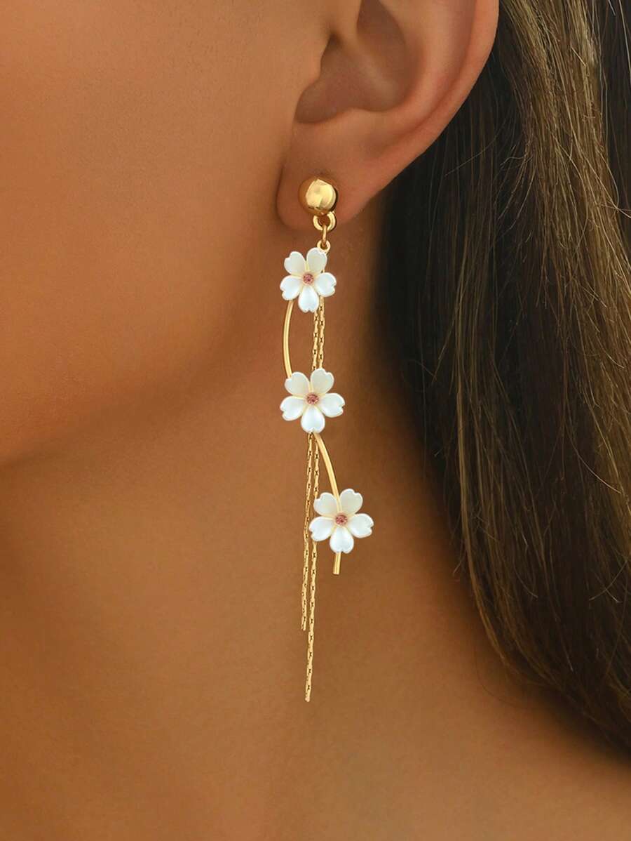 1 Paar elegante Damen Ohrringe, modische künstliche Perlen Muschel 5-Blüten Blume mit rosa Strass Quaste Langanhänger Design, vielseitig für Alltag, alle Jahreszeiten, festliche Anlässe