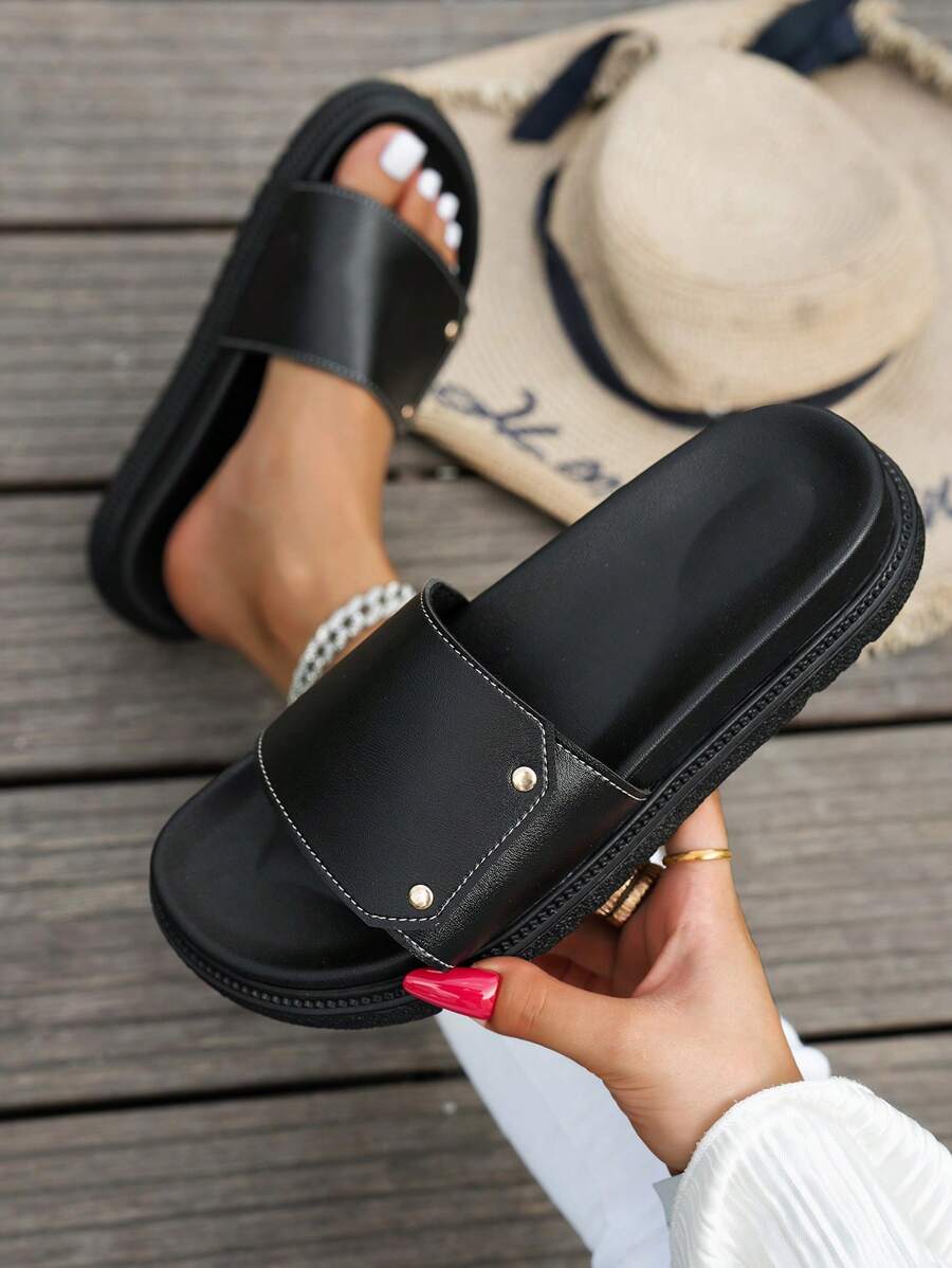 Sandalias planas impermeables de plataforma de unicolor minimalista para mujer, adecuadas para uso al aire libre y playa, tallas grandes, verano