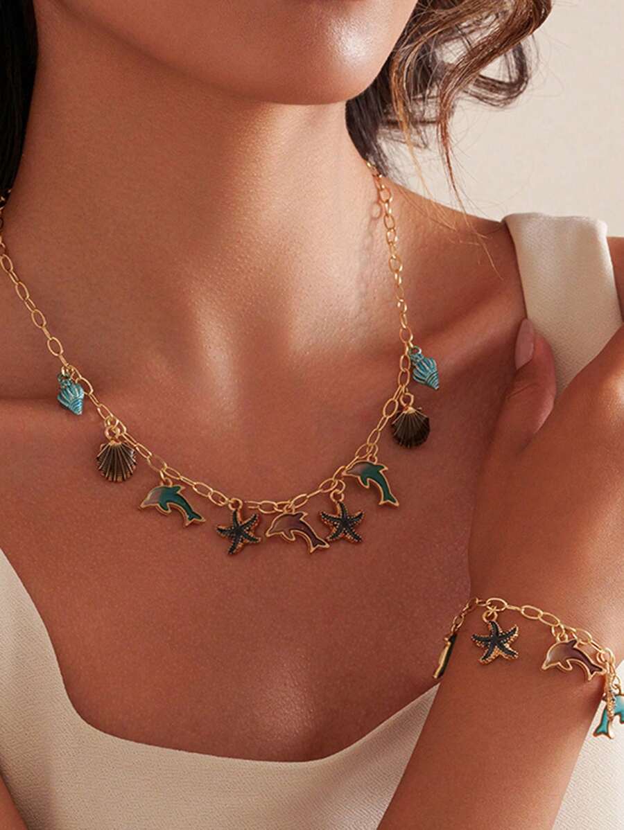 1 pieza de collar con elementos de vacaciones de verano europeos y americanos, con estrella de mar, concha, diseño de moda personalizado, pulsera de delfín