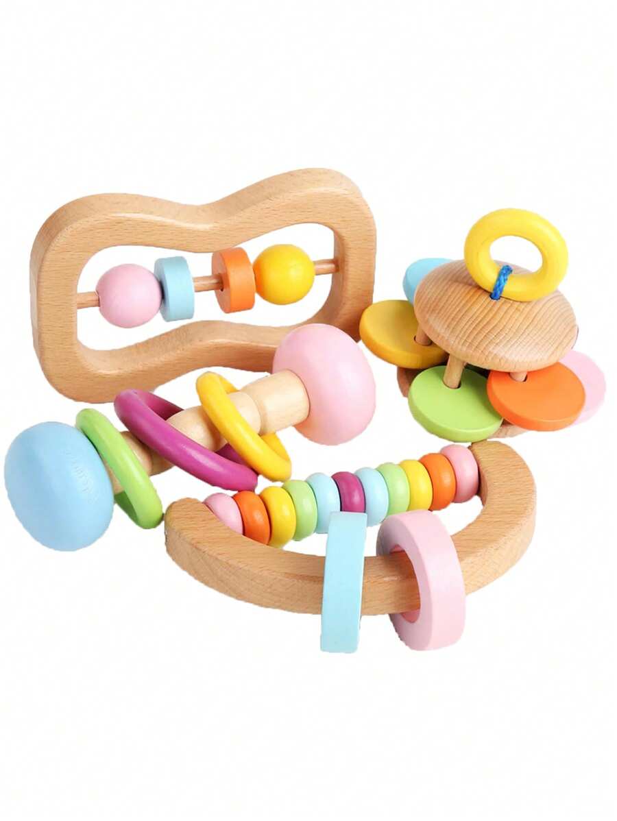 Christmas Decoration 4 Pieces Montessori Baby Toys Wooden Baby Toys Fit Baby Wooden Rattles Baby Teething Toys Silicone Rudder With Beech Wood Rings