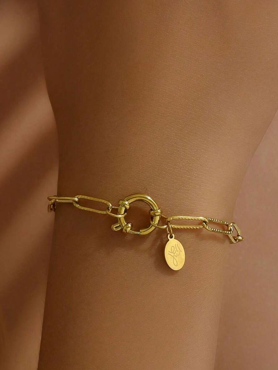 1pc Fashionable Hollow Embossed Geometric Link Openable Minimalist Stainless Steel Bracelet, Daily Casual Gift For Women