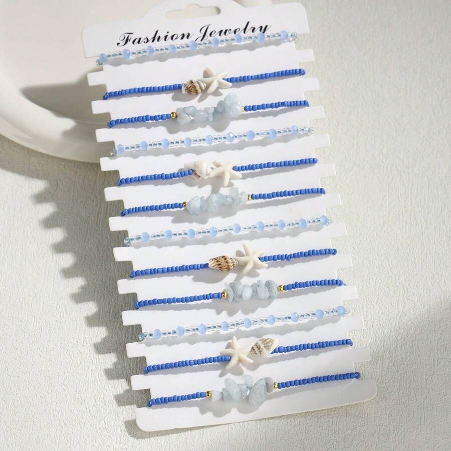 12 Peças/Conjunto Estilo Boho Pulseira Ajustável Conjunto de Conchas com Contas Azul Oceano e Pedras Naturais para Mulheres, Férias e Festa