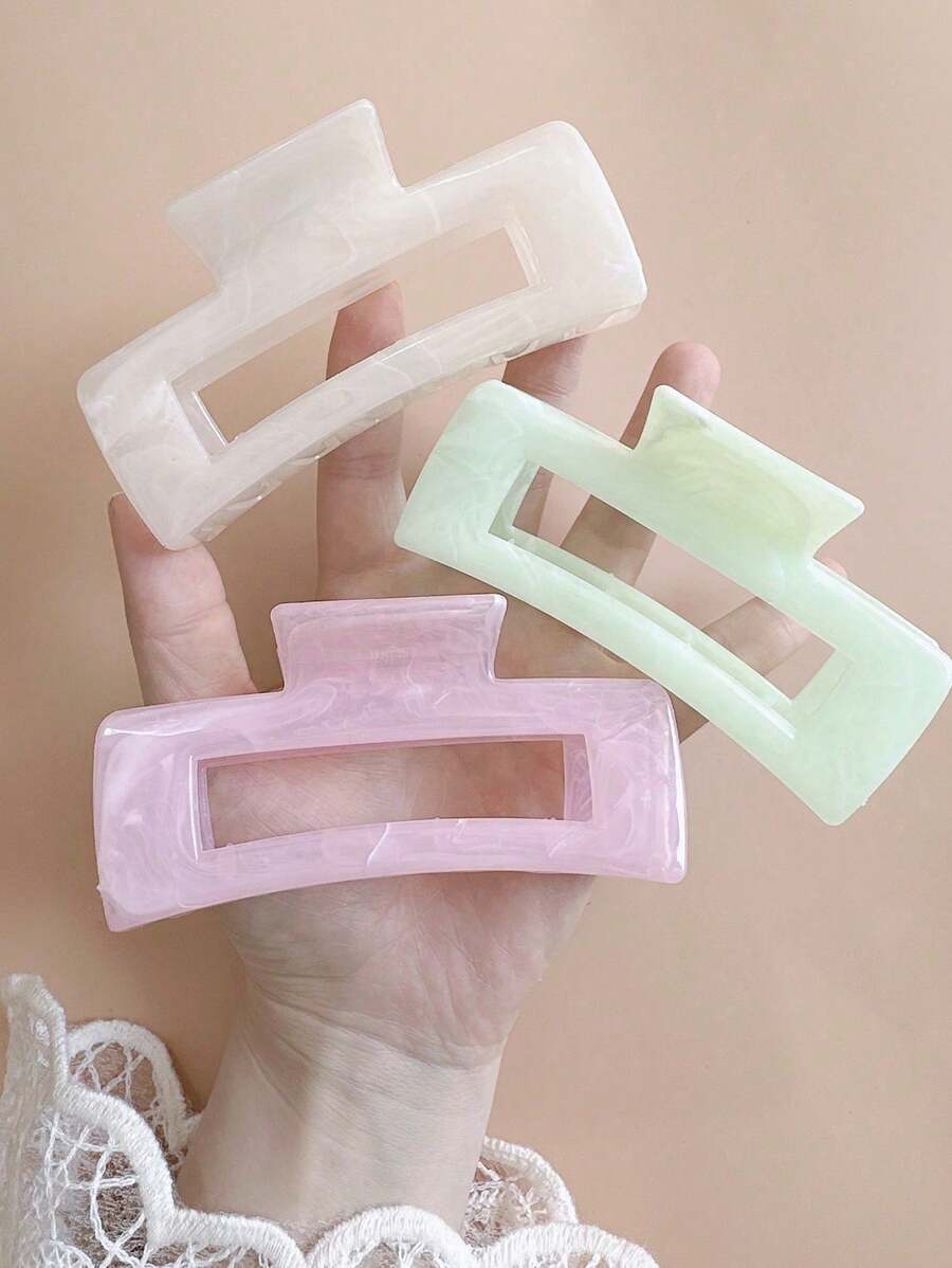 3pcs Women Large Size Pink, White, Green Square Ripple Pattern Hair Clips, High Quality Elegant, Minimalist, Versatile Ombre Color Summer Hair Accessories, Suitable For Daily, Casual, Party, Work, Vacation, Face Washing, Makeup, Outfit Matching Beauty Claw Clips Boho Hair Claw