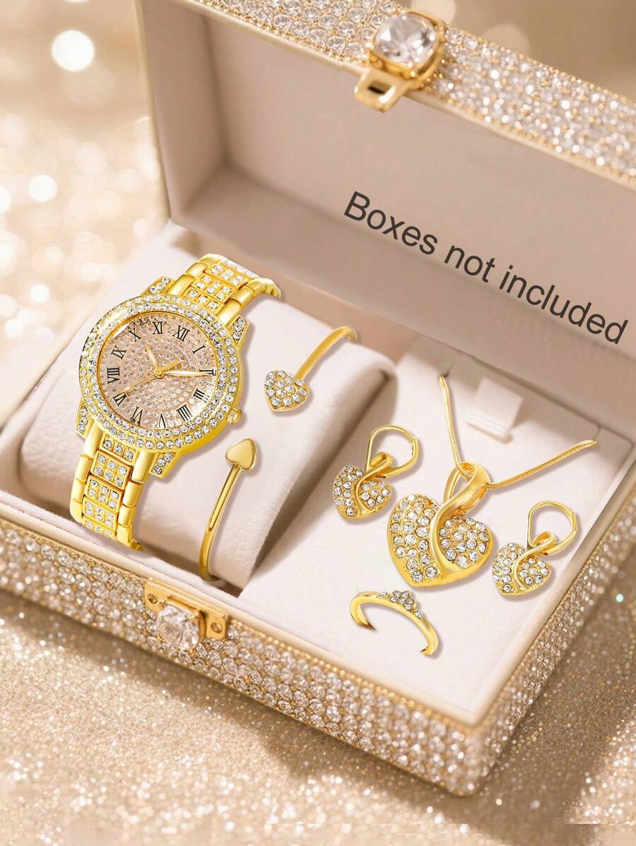 6 Piece Gorgeous, Elegant Women's Quartz Watch With Heart Jewelry Pendant Necklace, Earrings, Rings, Bracelet Set, Perfect Gift For Ladies, Diamond Alloy Strap, Classic Roman Scale Round Dial, Ideal Gift For Sisters And Mothers, Suitable For Daily Wear, Back-To-School Season, Graduation Season, Thanksgiving, Couples, The Best Gifts Watch Box Not Included