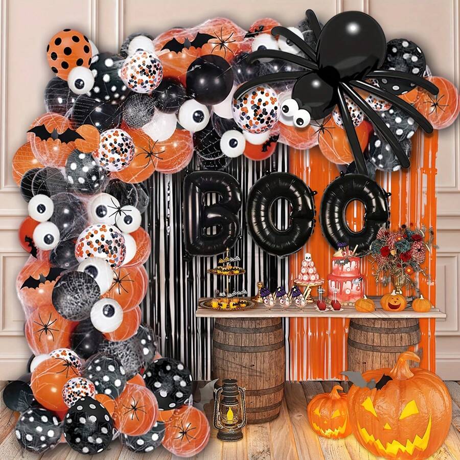 98pcs Halloween Balloon Garland Arch Kit, With Spider Balloons, Black Orange Confetti Balloons, Long DIY Shaped Balloons, Polka Dot Balloons, BOO Aluminum Foil Pattern Balloons, Suitable For Halloween Themed Parties, Birthday Parties, Camera Background Decoration Home Decor Halloween Decor Fall Decor Room Decor