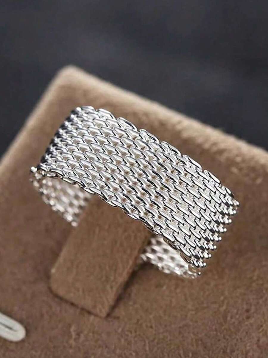 Anillo hueco de plata de ley 925 para mujer, joya de moda para boda y compromiso, anillo de malla