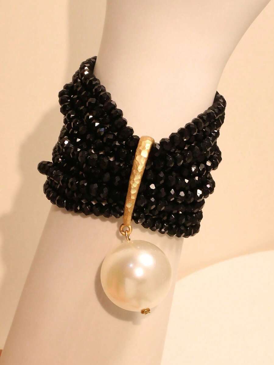 1pc Multi-Layer Black & Beige Faux Crystal & Pearl Pendant Bracelet, Suitable For Women To Wear To Dinner Party, Vacation And Daily Occasions