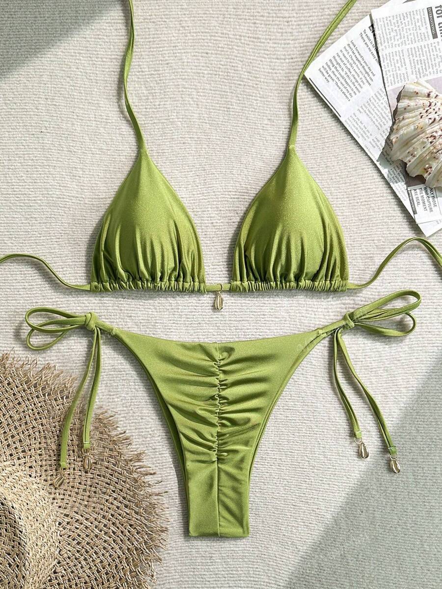 Set da 2 pezzi Bikini taglia comoda, colore tinta unita, design sexy con decorazione conchiglia in metallo