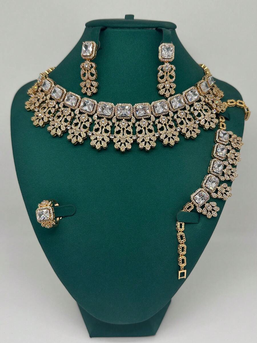 5 pièces/Jeu Style européen et américain de luxe Rouge rubis exagéré, vert émeraude, parure de bijoux en cubique de zircone de cuivre comprenant un collier, des boucles d'oreilles, une bague ouverte, un bracelet en 4 pièces. Convient pour les banquets, les fêtes, les mariées, les mariages. Cadeau pour la mère, l'enseignante, la petite amie
