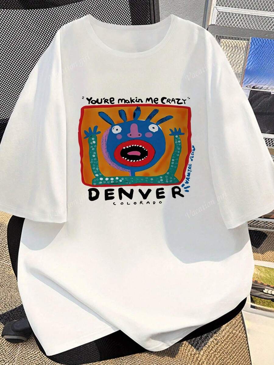 Camiseta Gráfica Monstro Louco Feminina - Camiseta Casual de Rua, Estampa Colorida, Gola Careca, Top de Verão