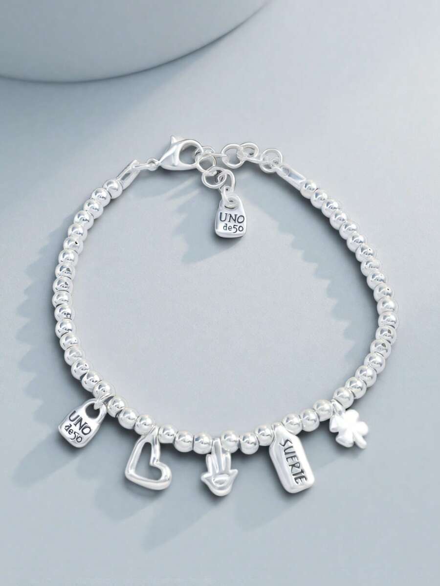 1pc Elegant Silver Beaded Bracelet With Heart Shaped Luck Charm, Romantic Gift For Women On Valentine's Day, Birthday, Graduation