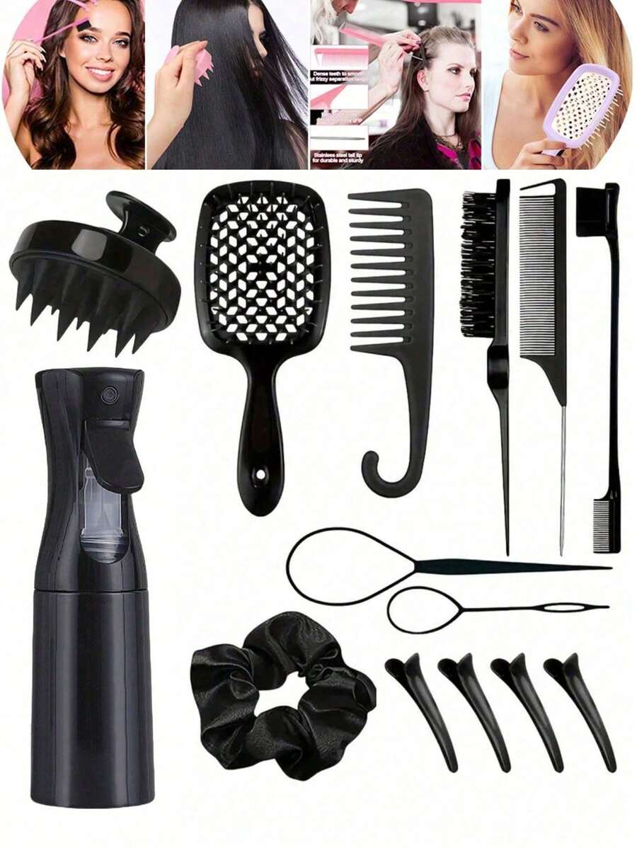 14 piezas Juego de cepillos para el cabello, (6.8 Oz/200ml) Botella de spray de niebla fina continua, Adecuado para adultos y niñas Cepillo desenredante con diseño de unicornio, Cepillo para esponjar, Uso de estilista de salón, Juego de herramientas para el cabello, Artículos escolares