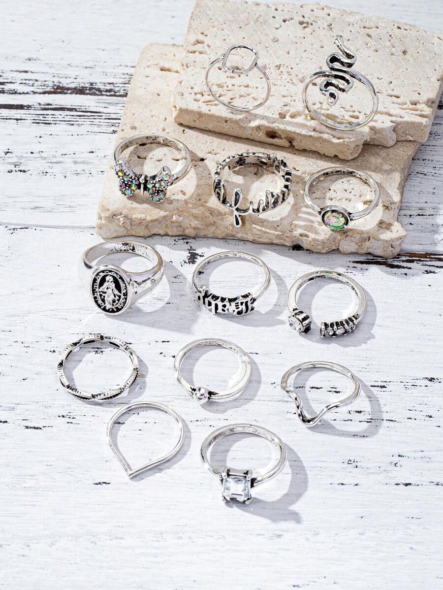 Set de 13 anillos estilo punk, anillos minimalistas sexy de moda con diseños de corazón y geométricos, adecuados para mujer en fiestas, vacaciones y conjuntos