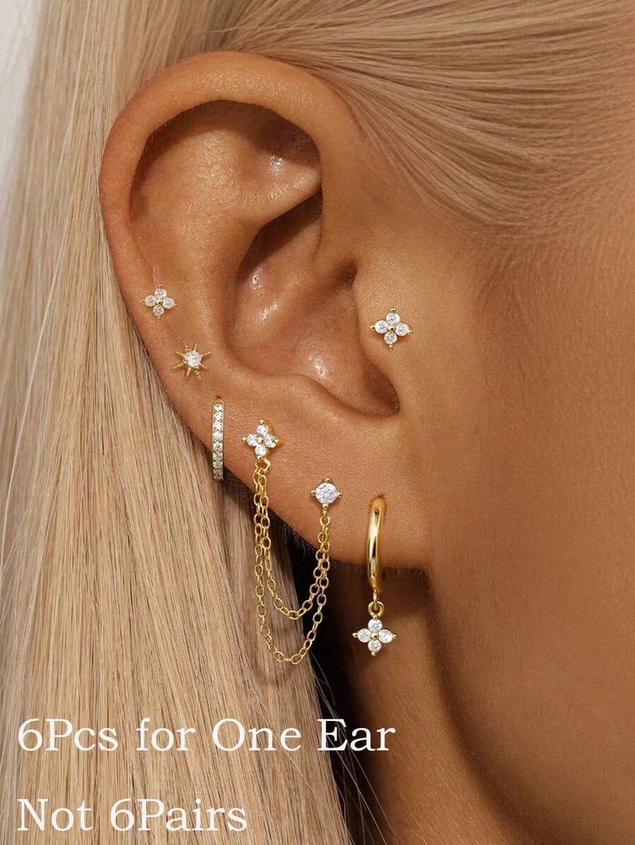 6Pcs/Set Flower Dangle Hoop Star Stud Stackable Earring For Women, Casual Zirconia, 14K Gold Plated Earring Stacks Hypoallergenic Lightweight Vacation Party Jewelry Accessories For Women Girl