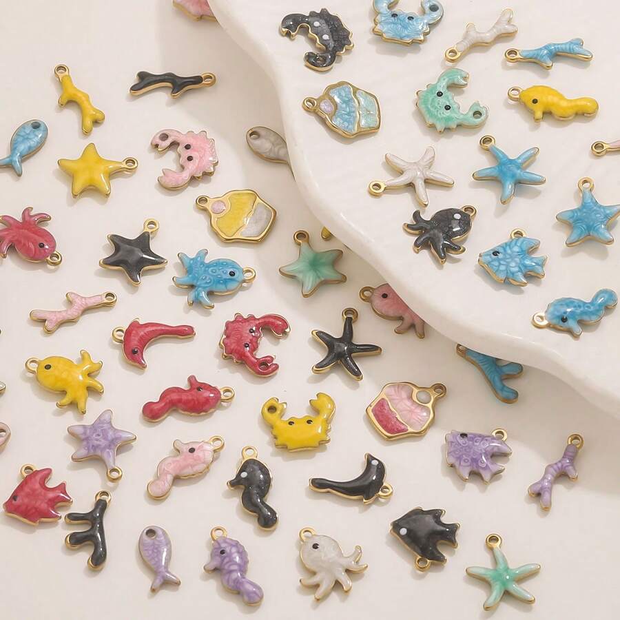 20pcs Stainless Steel Fashion Colorful Cake Seahorse Star Crab Small Pendant Tail Chain Pendant DIY Necklace Bracelet Jewelry Accessories Making