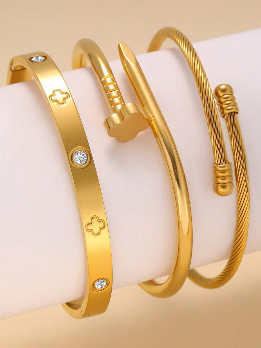 New Fashionable High Quality Stainless Steel Flower Zirconia Bangle & Open Cuff Bracelet Jewelry Set, Suitable For Women Everyday Wear