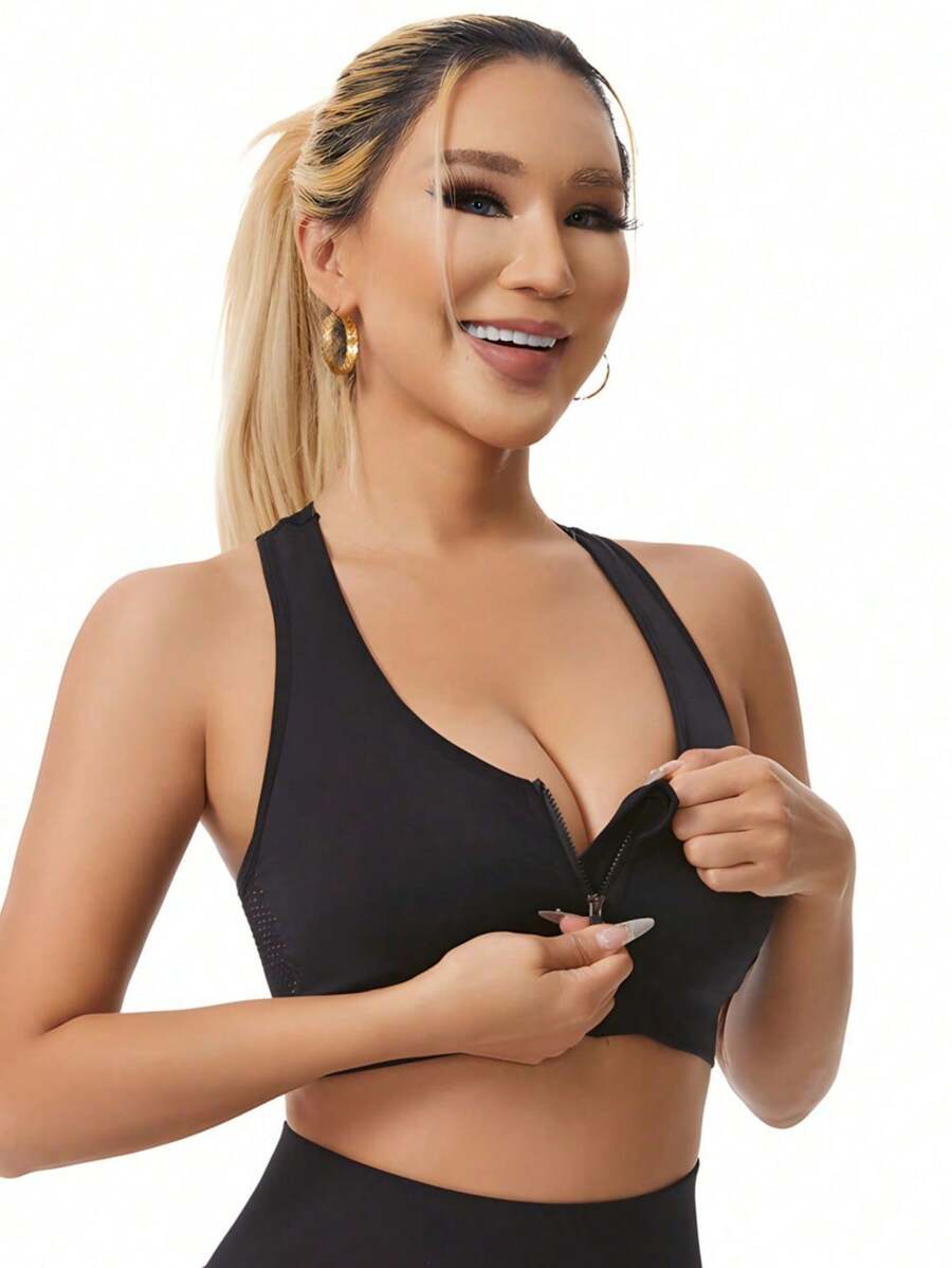 Front Zip Yoga Sports Bra, Breathable Mesh Hollow Out Plus Size Racerback Wireless Sports Bra