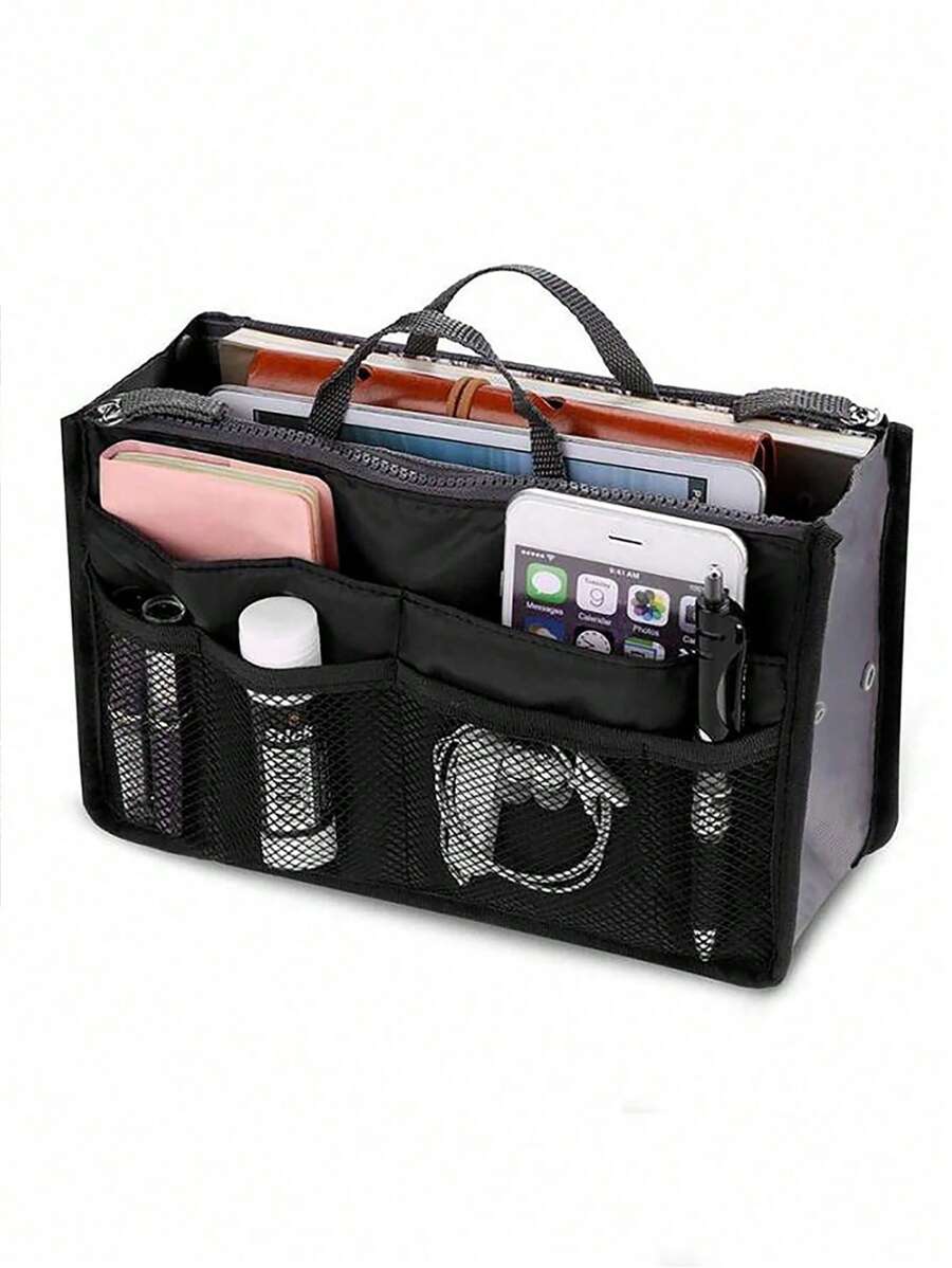 Organizador de bolsa feminino para viagem, bolsa de maquiagem para senhoras grande e revestida, bolsa de tote feminina clássica portátil, acessórios de maquiagem para meninas adolescentes, estudantes universitárias, novatas e trabalhadoras brancas. Organizador interno clássico de maquiagem, suprimentos escolares, presente para professora, acessórios de volta às aulas