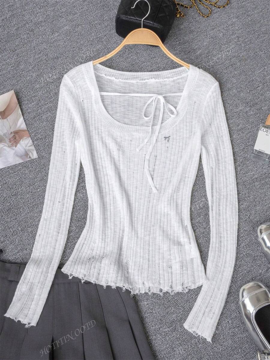 Apricot Oversized Crew Neck Slim Fit Ripped Knitted Top With Shoulder Cut-Outs, Tie Bow Design, Long Sleeve Cover Up Shawl Jacket For Women, Sun Protection