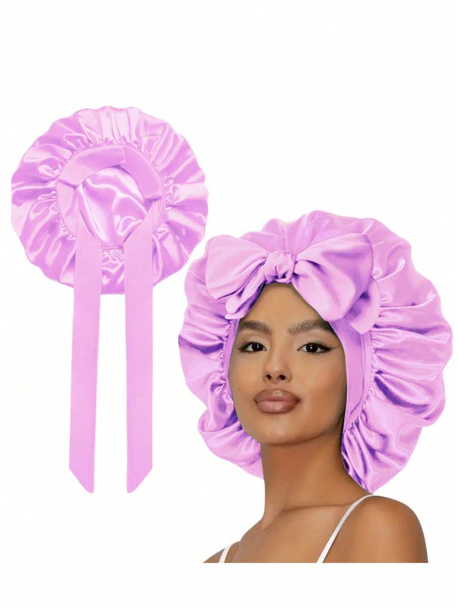 1pc Women Solid Bowknot Decor Satin Casual Hair Bonnet For Daily Life Silk Bonnet Satin Bonnet