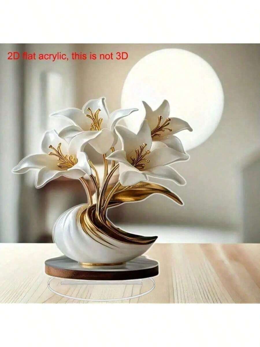 2D-Acrylvase mit goldener Lilie – elegante dekorative Skulptur in Weiß und Gold, geeignet für Zuhause, das Büro oder besondere Anlässe | Besonders geeignet für Ostern, St. Patrick's Day usw. | Tischdekoration, Bürodekor | elegantes Vasendesign | exquisite Handwerkskunst, florales Dekor