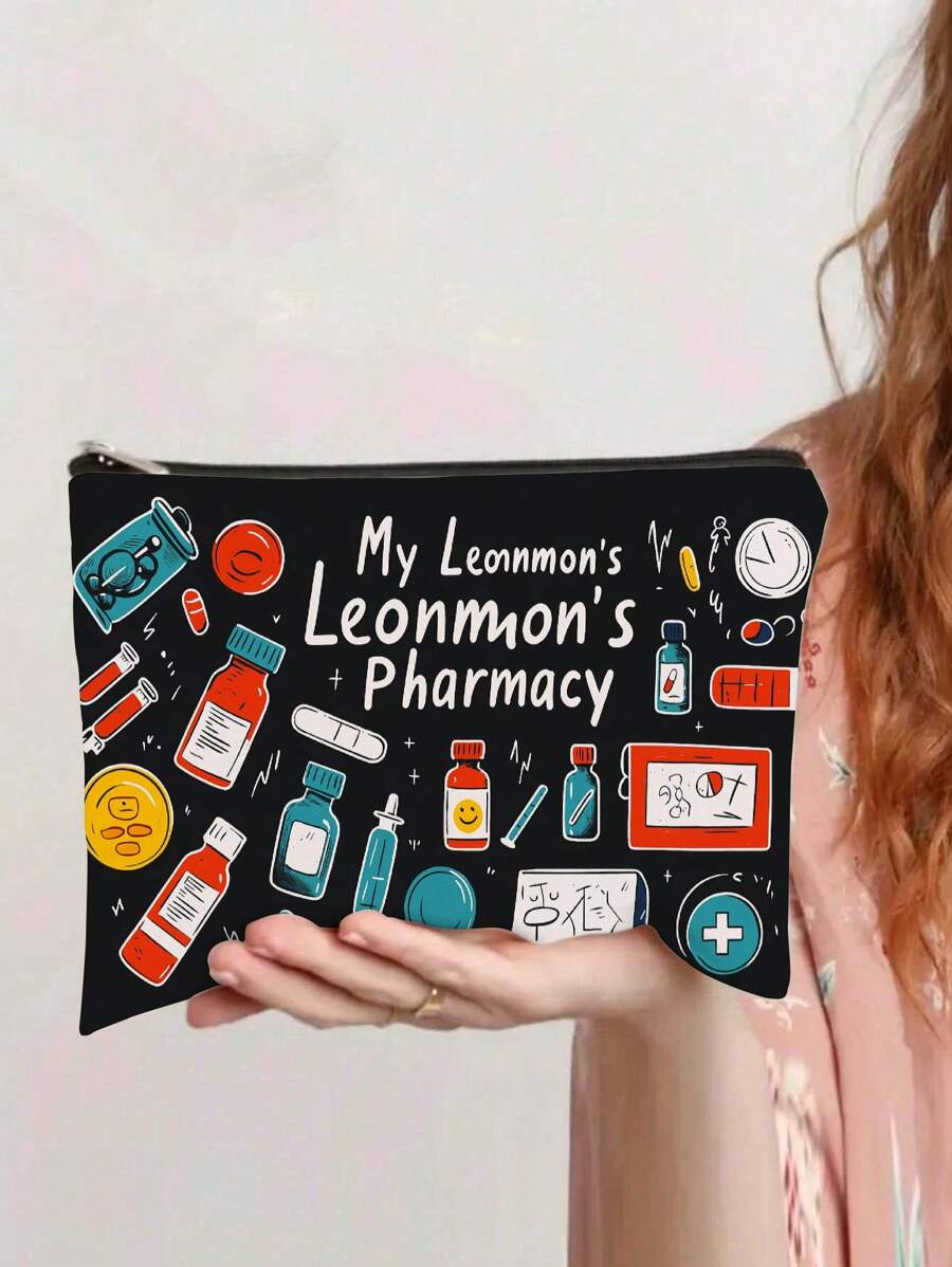 1 bolsa de cosméticos durável de poliéster com fecho de zíper - estampa dupla face "My Leonmon's Pharmacy", organizadora de viagem multifuncional para mulheres, presente perfeito para irmãs, melhores amigas e farmacêuticas, cores variadas, itens essenciais do dia a dia, estampa divertida, estrutura resistente, bolsa estampada, presente de farmacêutico