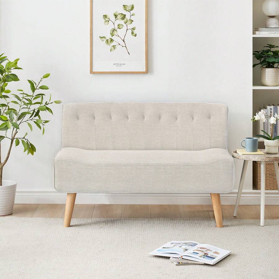 Divano moderno a due posti con rivestimento in lino e gambe in legno per piccoli spazi, soggiorno, camera da letto, sala giochi
