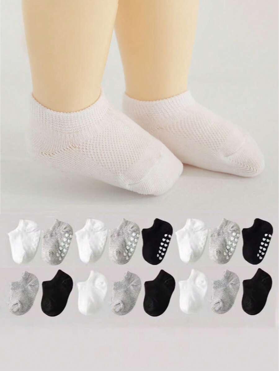 3pcs/6pcs/12pcs Baby Non-Slip Floor Socks, Black White Gray Polka Dot Pattern Boat Socks, Suitable For Daily Wear, 0-4 Years Old
