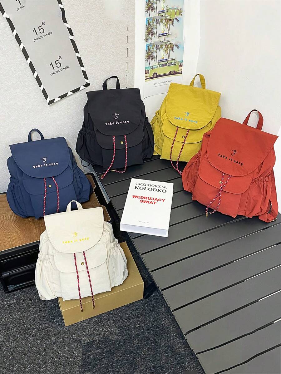 1 Pc New Style Girls' And Boys' Letter Print Nylon Backpack, Drawstring Closure With Adjustable Straps, Casual Versatile Sporty Design For School, Outdoor Activities, And Gifts For Friends