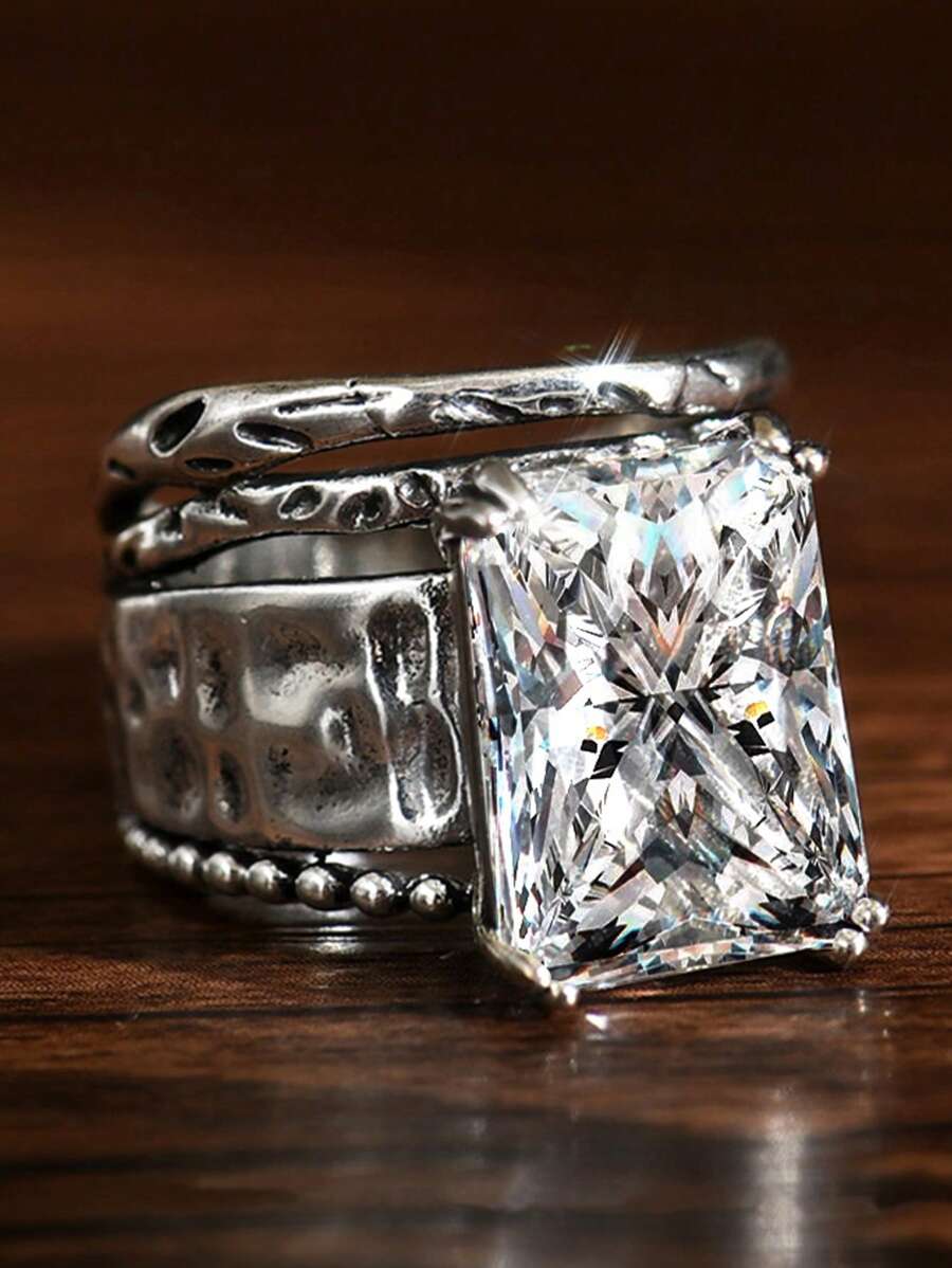 1pc Vintage Bohemian Style Silver Color Ring For Women, Engagement/Wedding/Promise Ring For Daily Wear