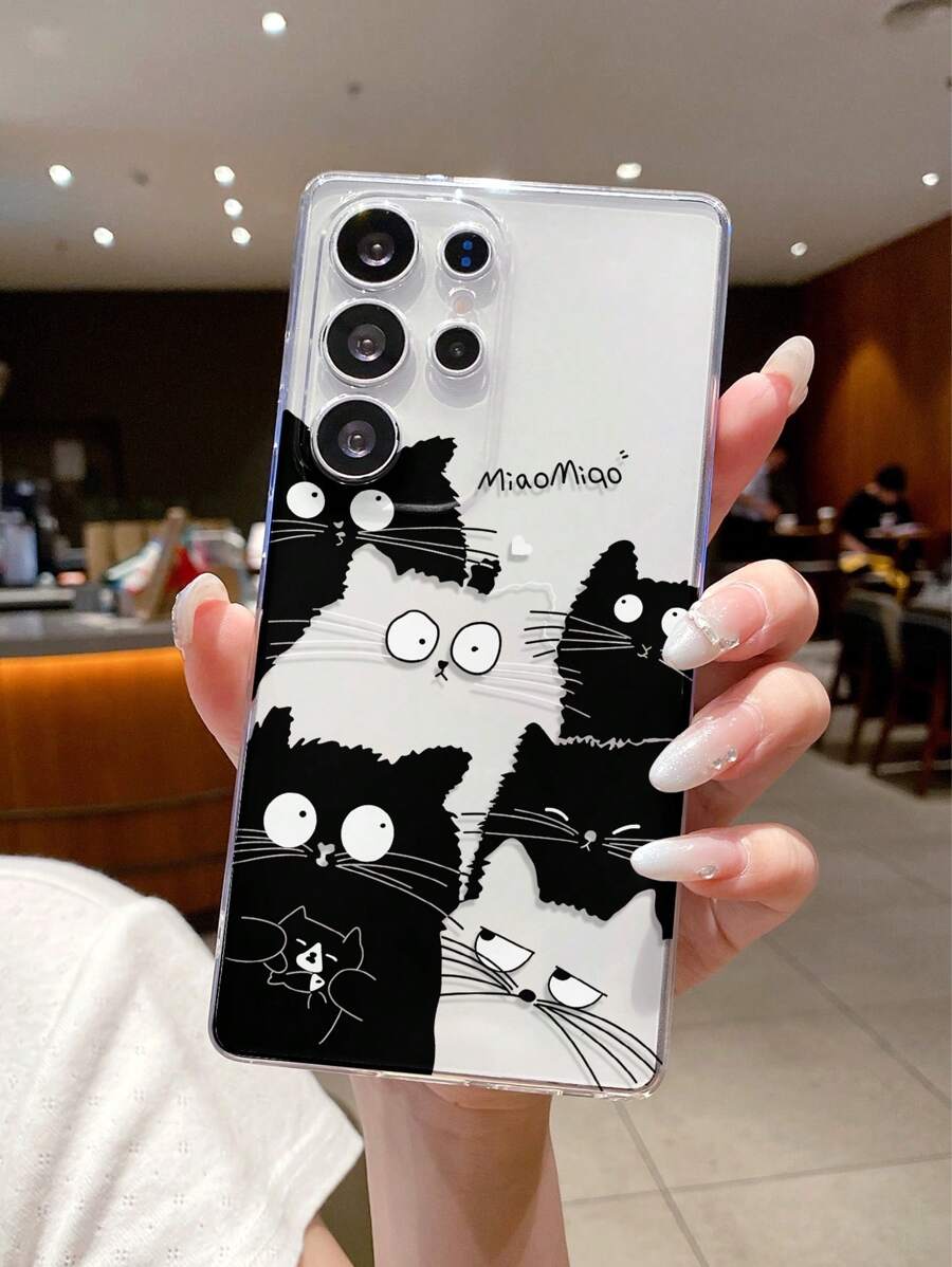 1pc Black & White Cat Design Phone Case With Precise Cutout Camera Protection, Compatible With Samsung, Apple, Nothing, Pixel, INFINIX, Xiaomi/Redmi
