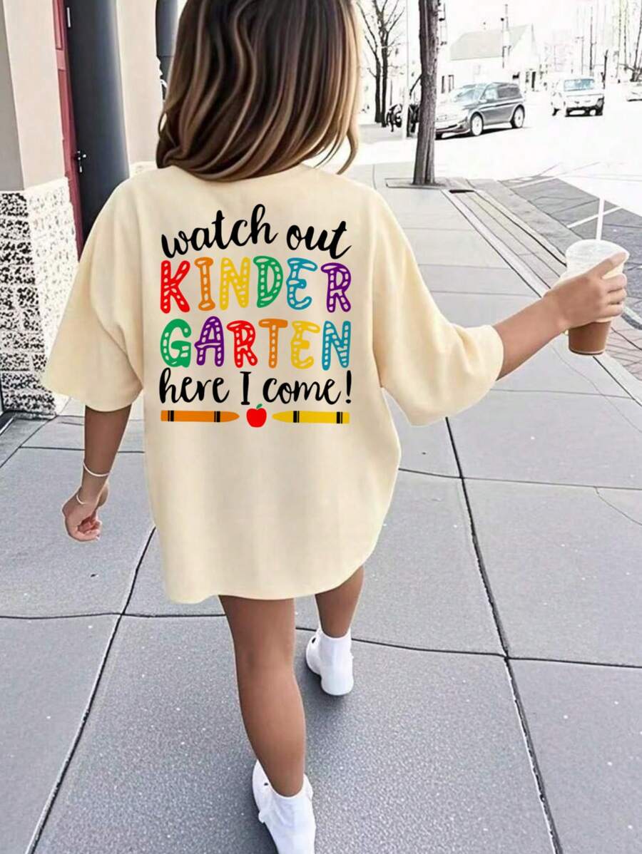 1pc Back To School Girls Casual Graphic Print Round Neck Short Sleeve T-Shirt, Summer Student Outfit - Crayon & Pencil Sketch Minimalist English Letter Style T-Shirt To Inspire Imagination And Self-Expression