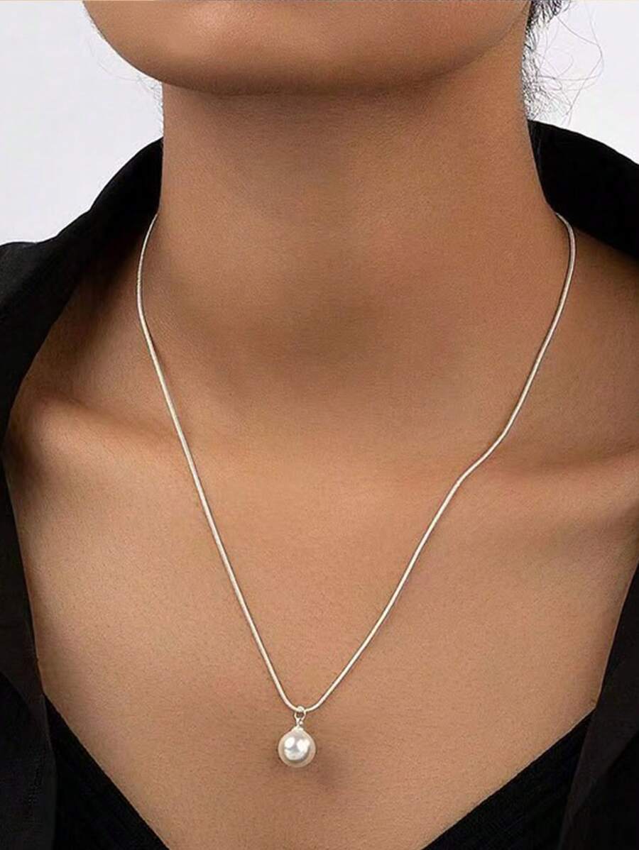 Elegant Single Round White Faux Pearl Pendant Necklace With Delicate Chain, Women's Minimalist Jewelry For Casual And Formal Occasions